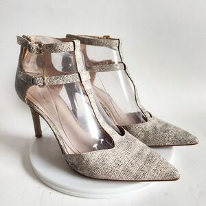 Nine West T-Strap Pumps 7.5 Ankle Strap Heels Snakeskin Embossed Pointed Toe